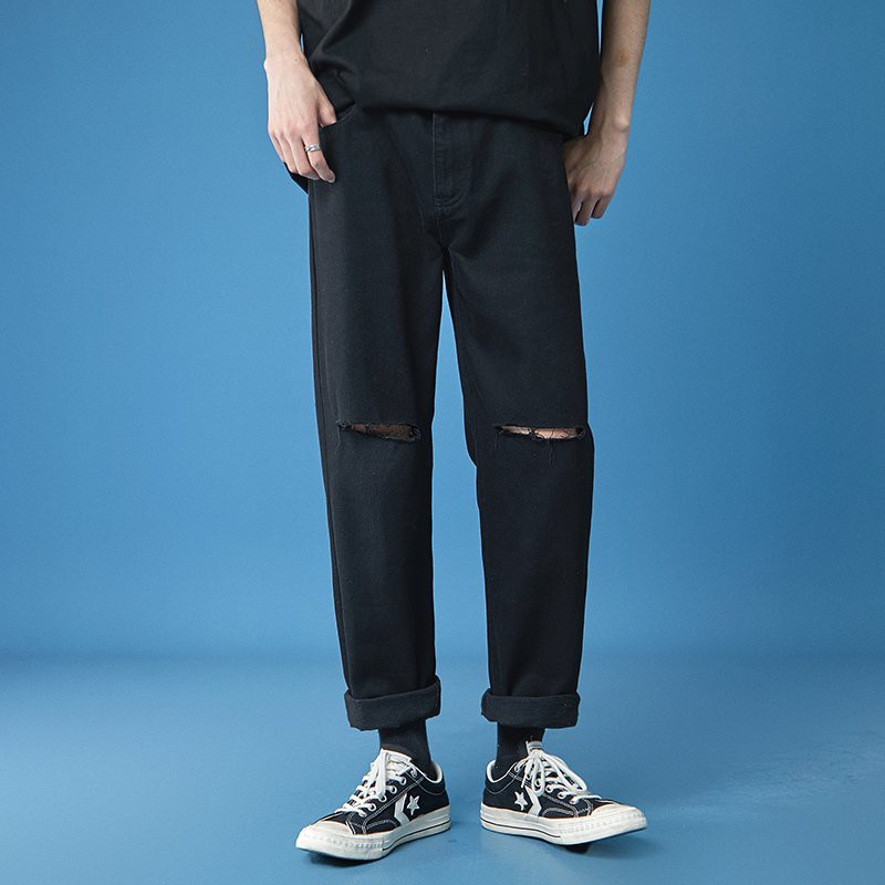 Quần Jean Baggy đen nam nữ ống rộng , rách 2 gối , không phai màu - R07
