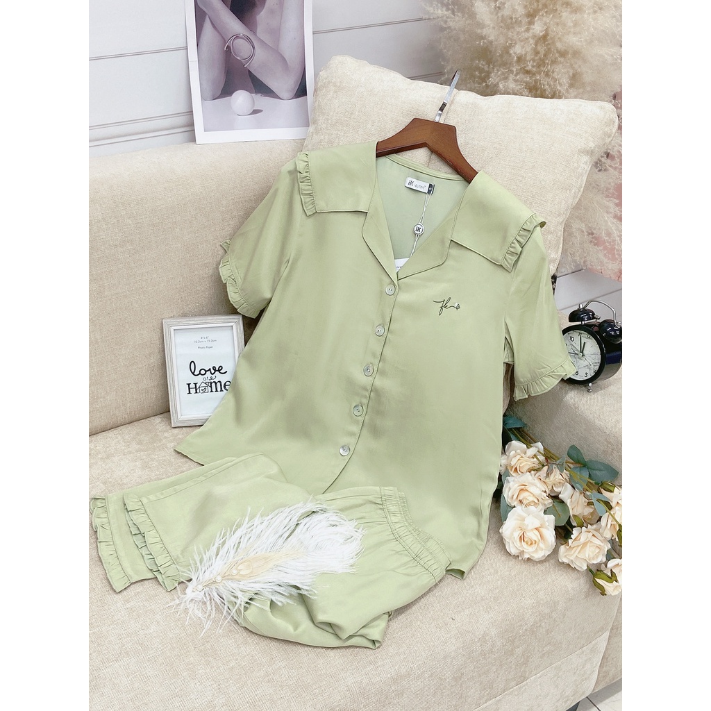 Bộ đồ ngủ mặc nhà IK trơn nữ, set đồ lụa mặc nhà siêu thoáng mát mềm mịn dáng áo cộc quần dài viền bèo họa tiết thêu chữ