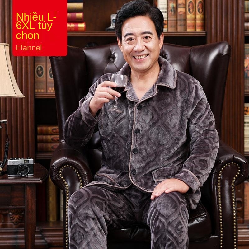 Bộ quần áo pyjama nam flannel dày ấm áp mùa đông cho người trung niên và già