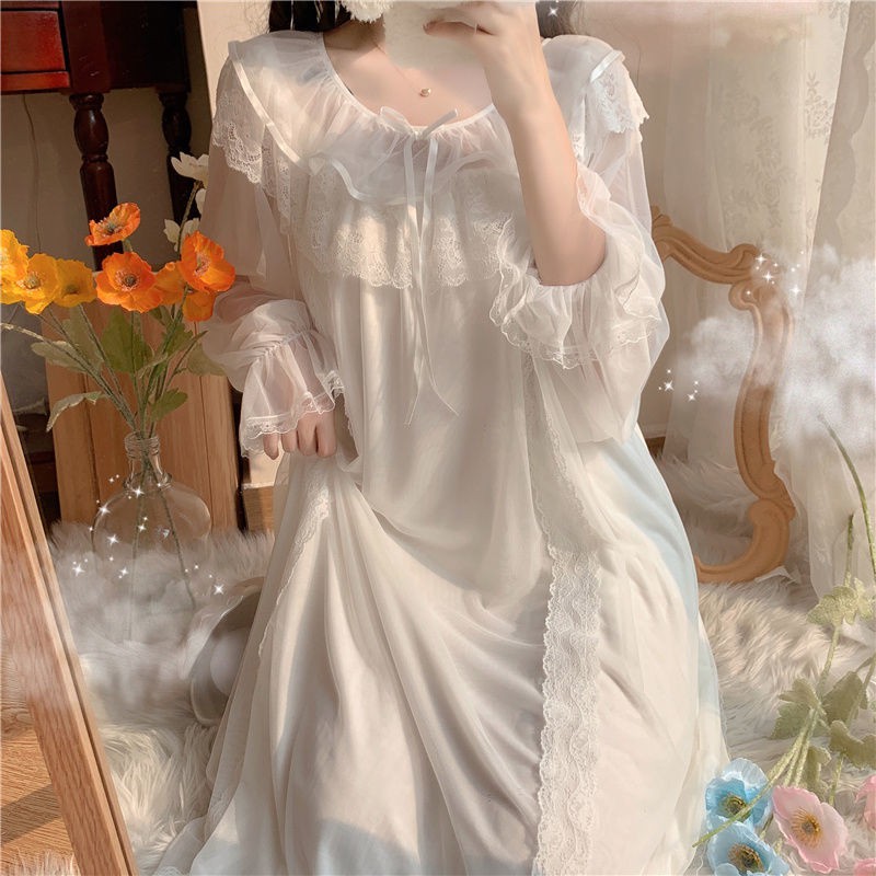 Váy ngủ tay dài phối ren tiểu thư vintage retro