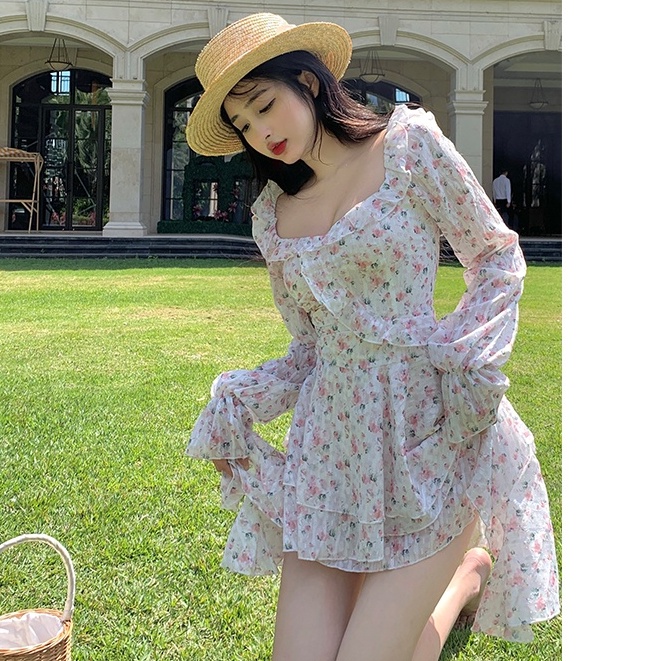 Đầm floral công chúa dài tay đuôi cá tầng bèo ngực Korea ulzzang - u.w