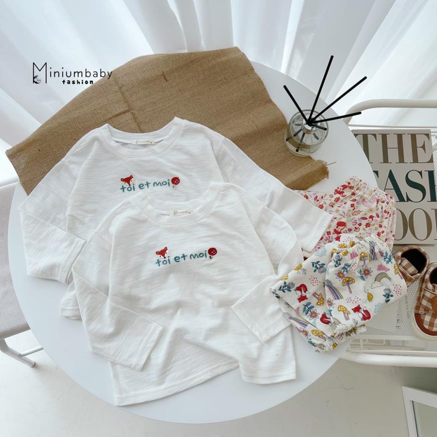 Bộ đồ dài tay quần dài thu đông thêu cáo nấm cho bé gái chất liệu 100% cotton quần áo trẻ em MiniumBaby-SB1252