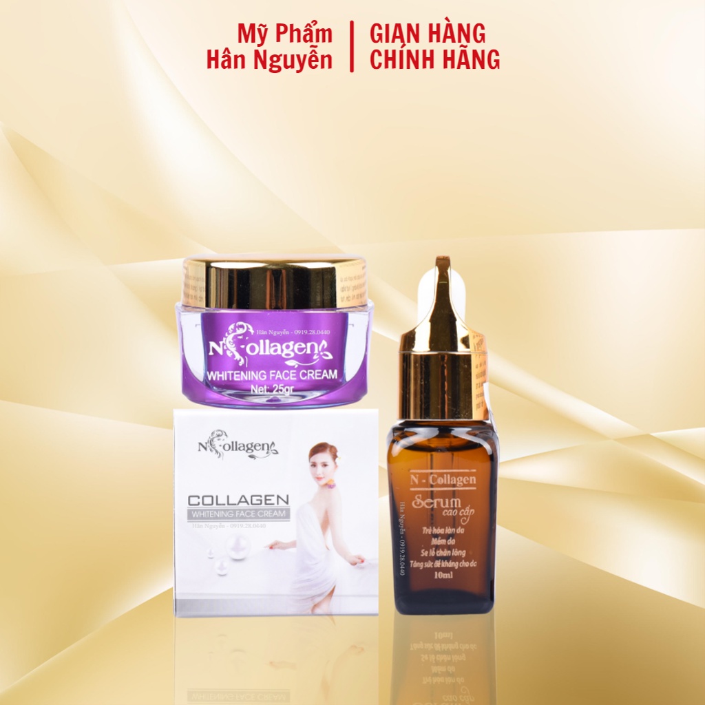 Bộ dưỡng trắng da - Kem face tím serum giữ ẩm mờ thâm nám Ncollagen Hân Nguyễn 35g