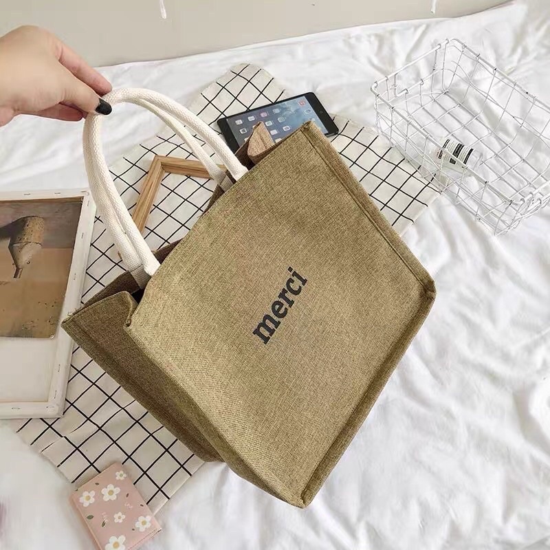 Túi xách cói Merci có tấm lót đáy giữ form phong cách Vintage  - Túi cối du lịch to dày dặn xách đi biển LOẠI 1