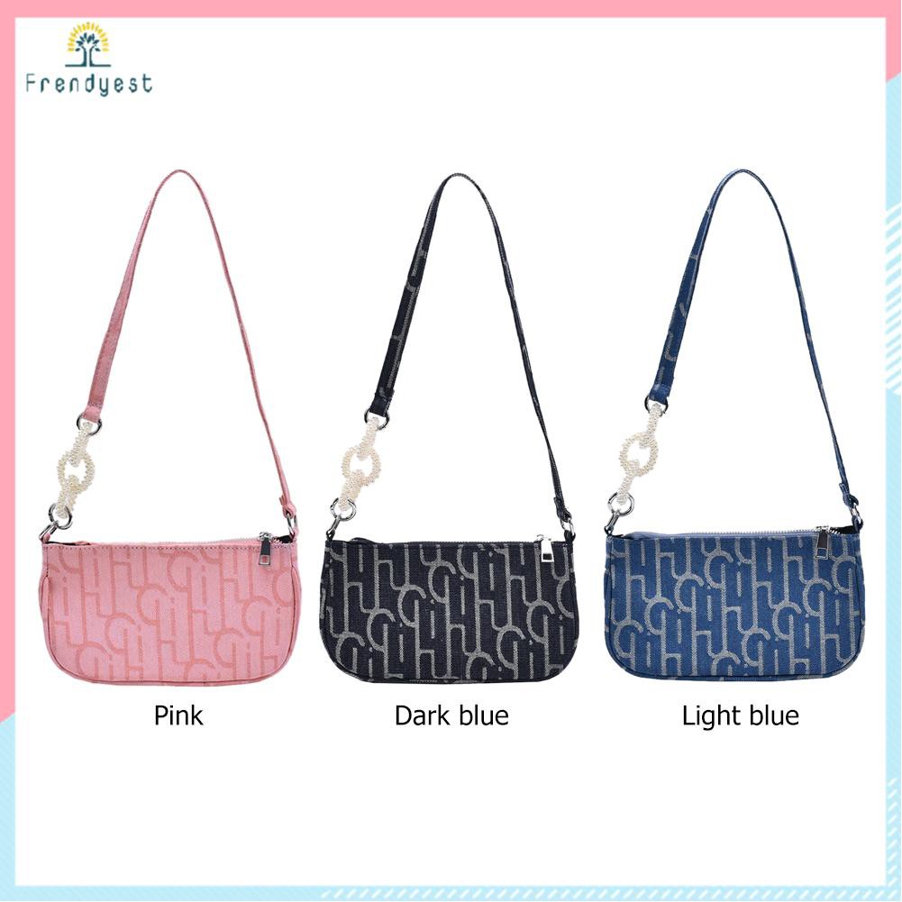 [frendyest]Women Canvas Handbags Printed Pearl Vintage Zip Shoulder Underarm Totes Bag