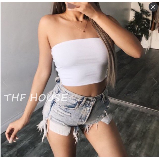ÁO THUN gợi cảm QUÂY NGỰC ỐNG KHÔNG DÂY CROPTOP nữ 2 màu trơn HOTHIT DƯỚI 55KG