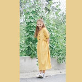 Đầm Linen thắt eo nơ - Vàng nghệ cực tôn da