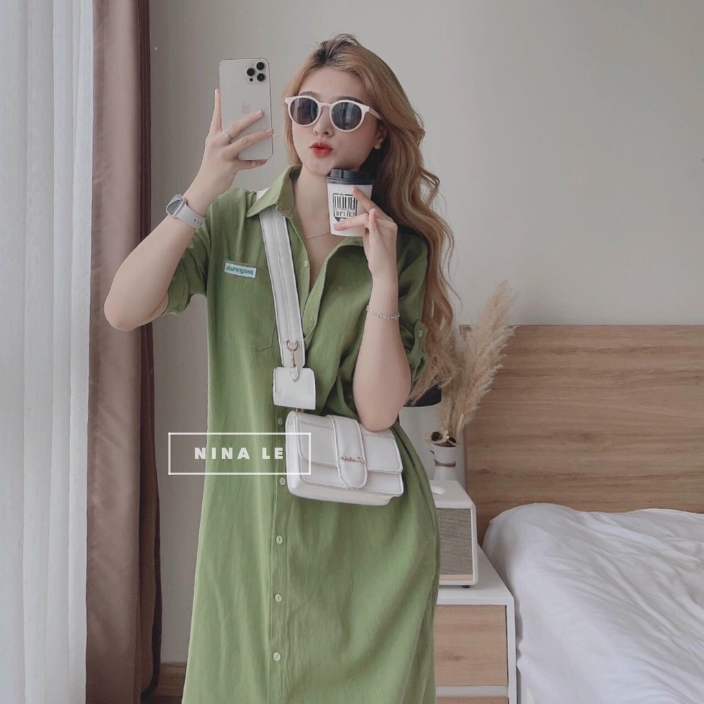 Đầm sơ mi in hình mickey sau lưng, đầm from rộng tay ngắn bẻ lai dáng dài dạo phố trẻ trung