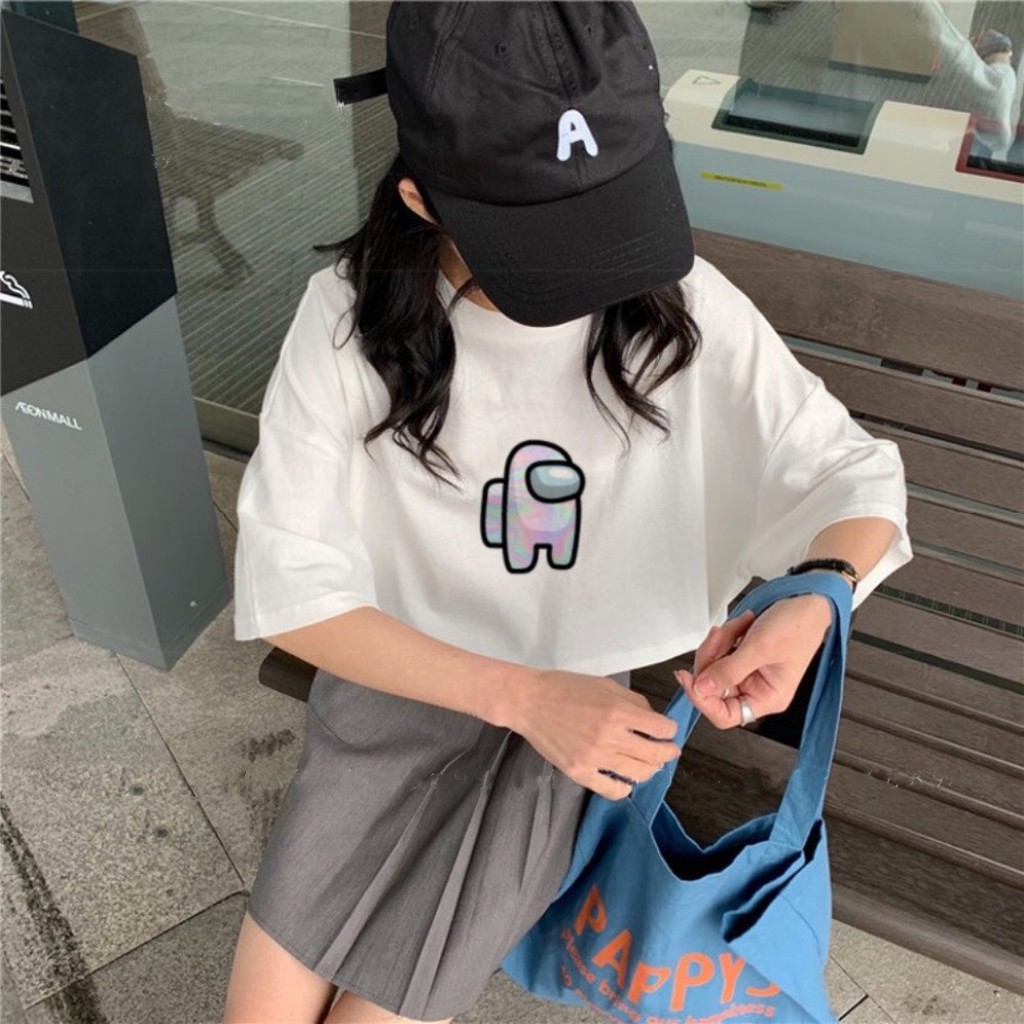 Áo Croptop Nữ Ngắn Tay Hoạ Tiết Among Us - Áo Croptop Chất Thun Màu Trắc Basic CT001