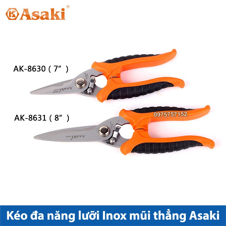 Kéo đa năng lưỡi Inox mũi thẳng Asaki JAPAN, kéo cắt lon, cắt giấy bìa dây, tuốt vỏ dây điện, cắt nhựa, tỉa cành cây