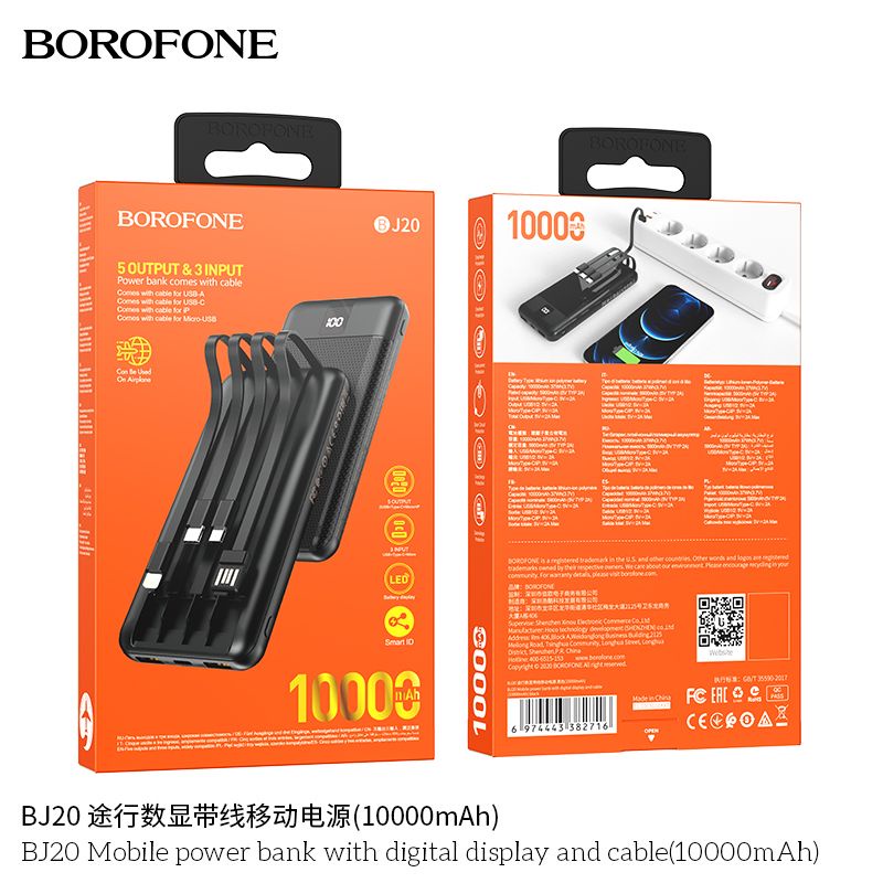SẠC DỰ PHÒNG Borofone BJ20 10.000mAh kèm cáp sạc 3 cổng Micro/Typec/ Iphone -Hàng chính hãng