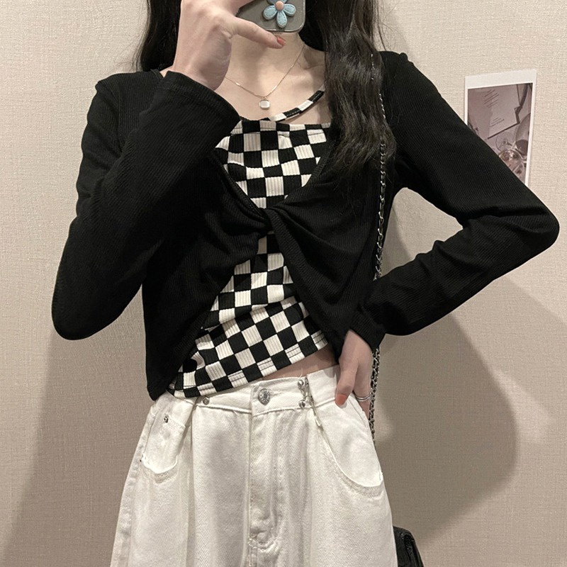 【ZHELIHANGFEI】 Áo Dệt Kim Tay Dài Giả Hai Lớp Dáng Ngắn