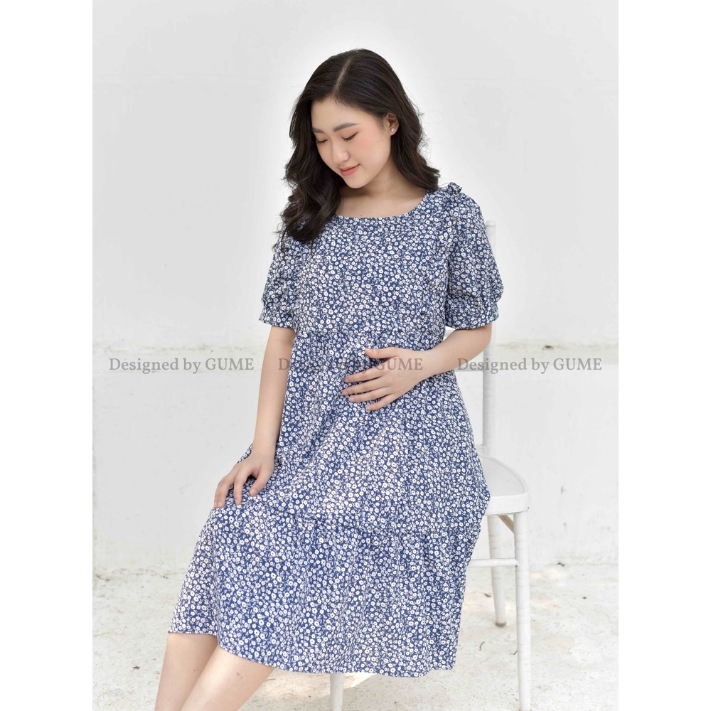 Váy Bầu Công Sở - Đầm Bầu GUME 2 màu tím,xanh dáng 3 tầng tay bo chất vải đũi sốp size từ 40-100kg  GM018 ảnh thật