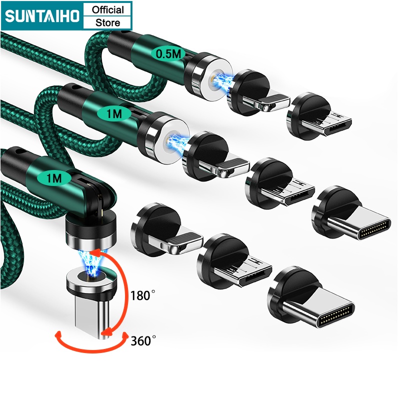 Cáp sạc Suntaiho với đầu sạc từ tính Micro USB Type C có thể xoay 540 độ hỗ trợ sạc nhanh cho iPhone