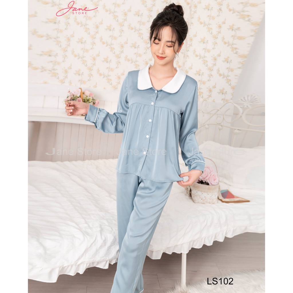 Bộ đồ lụa - Set đồ ngủ lụa Pháp cao cấp - Đồ ngủ dài tay trơn màu cổ sen cổ trắng sang trọng, tinh tế JANE mã LS10