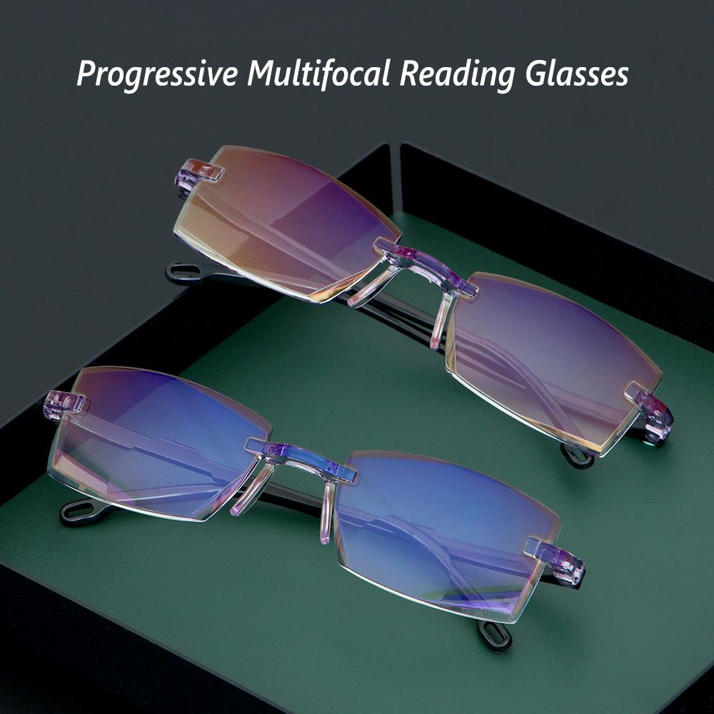 OKDEALS Fashion Progressive Multifocal Eyewear Diamond-cut Reading Glasses Computer Goggles Vision Care Rimless Ultralight Blue Light Blocking for Men Women Presbyopia Eyeglasses/Multicolor