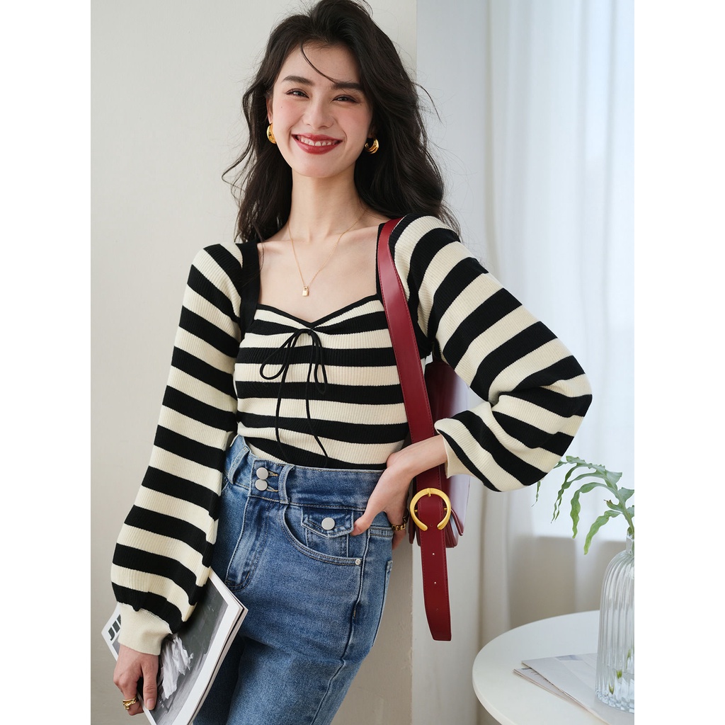 Áo Len Dài Tay Cổ Vuông Họa Tiết Kẻ Sọc Phong Cách retro Hàn Quốc