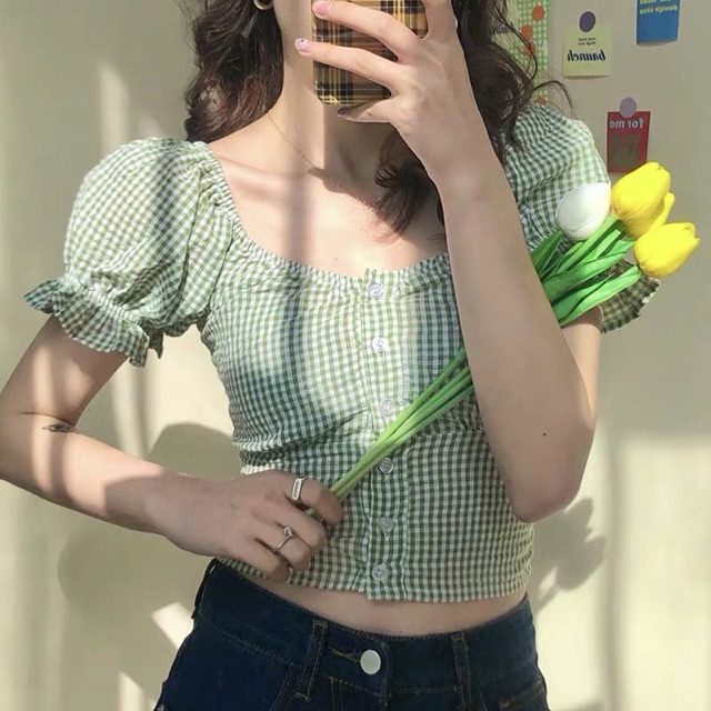 [Có sẵn +ảnh thật] Áo caro croptop tay bồng phong cách Ulzzang Hàn Quốc