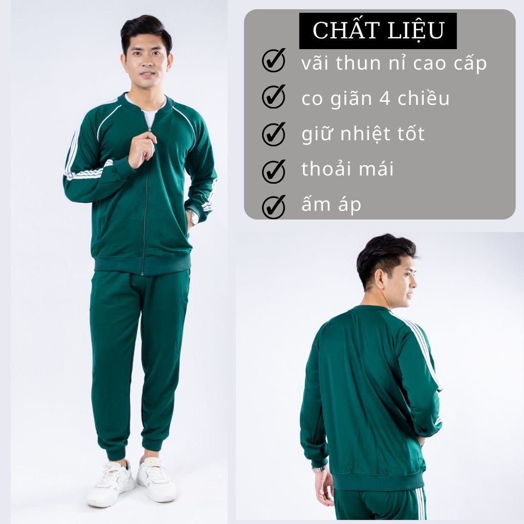 Bộ Quần Áo Thể Thao Thu Đông Cổ Bomber Có Khóa Kẻ Sọc Chất Liệu Vải POLY Da Cá Cao Cấp TT03