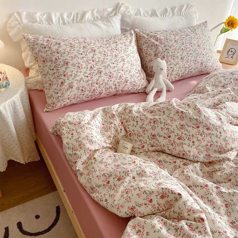 Set Chăn Ga Hoa Nhí Nền Hồng Cotton Living Dày Dặn Thoáng Mát Hàng Xuất Nhật (Shinbedding.shop)