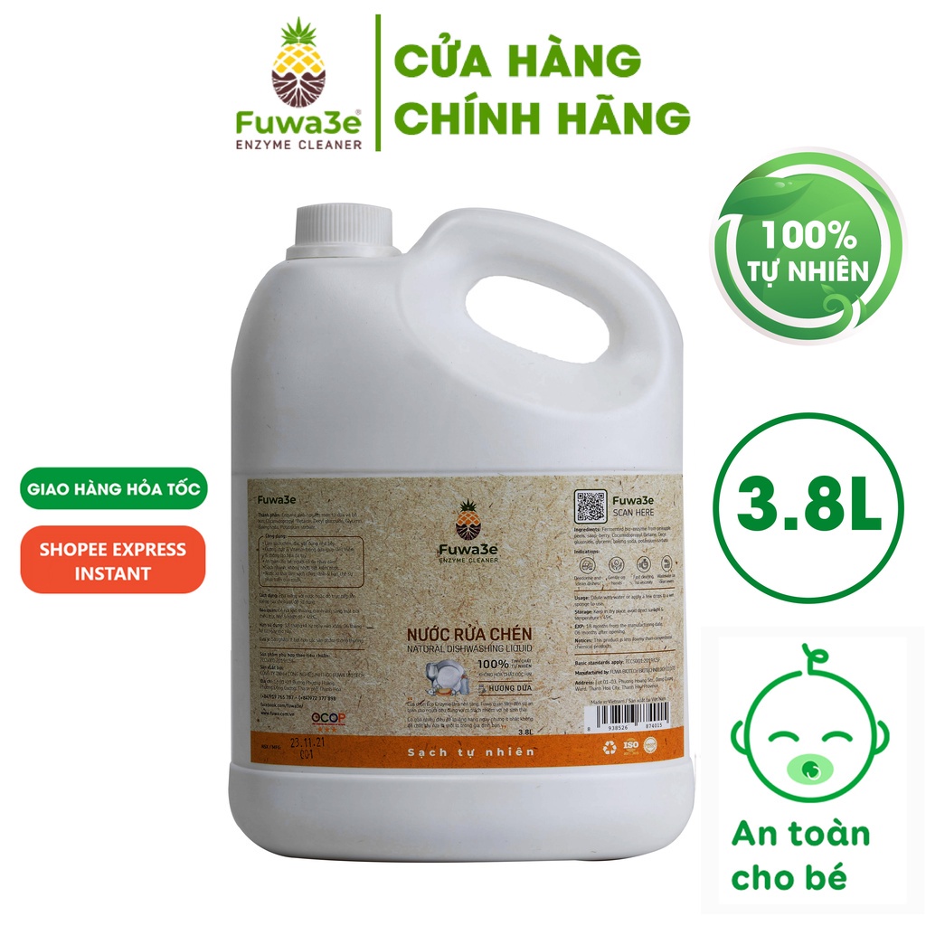 Nước Rửa Chén FUWA3E Organic Enzyme Sinh Học -3800 ml - An Toàn Cho Bé Bảo Vệ Da Tay