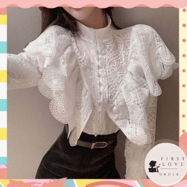 (firstlove ORDER)🎀Áo sơ mi ren cut cổ trụ cúc ngọc ngực bèo quý tộc sang chảnh| Áo kiểu hoạ tiết