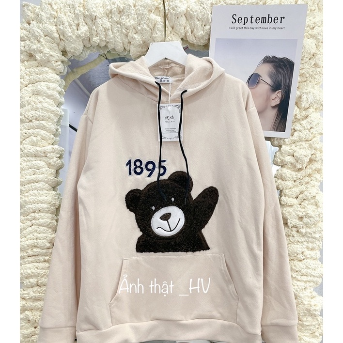 Áo hoodies nỉ mũ gấu thêu 1895