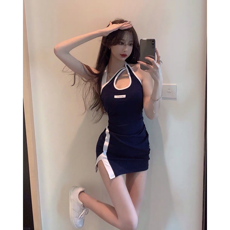 |MÃ OD 02| Váy body chéo cổ - xẻ đùi màu xanh navy viền trắng