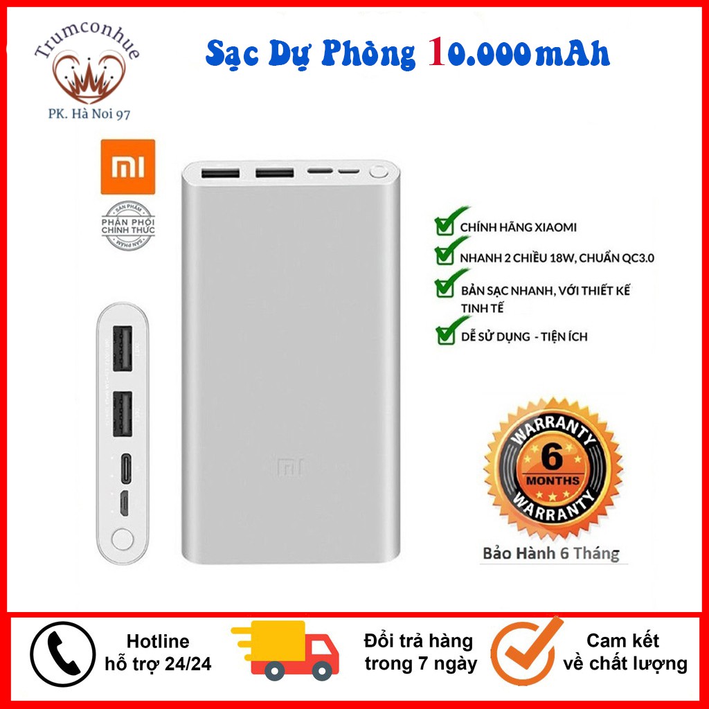 🎁BH 1 Năm🎁 Sạc Dự Phòng Xiaomi 10.000mAh GEN 3-sạc dự phòng XIAOMI Tặng Cáp TyPe-C-Bảo Hành 6 Tháng