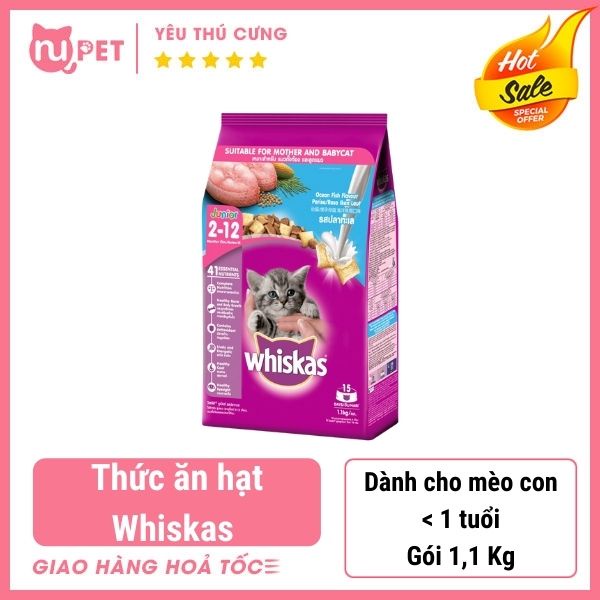Thức ăn hạt Whiskas mèo con từ 2-12 tháng tuổi bịch 1,1kg tại Nupet