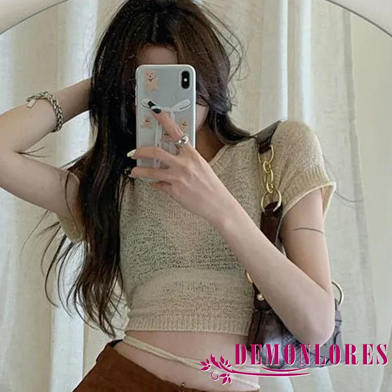 Áo Croptop Dệt Kim Mỏng Tay Ngắn Cổ Tròn Màu Trơn Phối Dây Buộc Sau Lưng Thời Trang Mùa Hè Cho Nữ