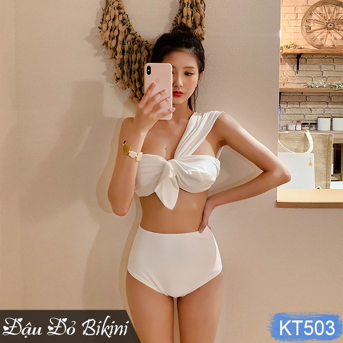 [4 MÀU] - Bikini nữ trẻ trung, quần cạp cao kín đáo, áo vai lệch cách điệu sexy, bộ bơi phong cách Hàn quyến rũ | KT503