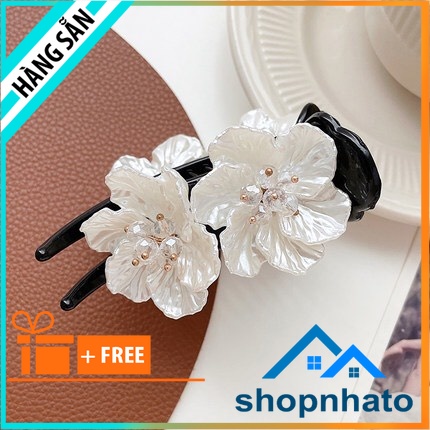 Kẹp tóc càng cua hoa Đào trắng đính đá phong cách dễ thương 2 màu đen,trắng hợp thời trang