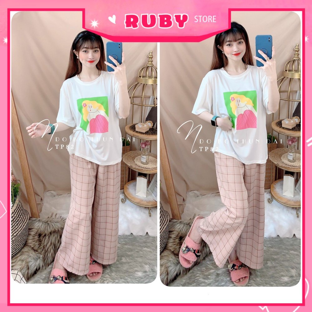 Đồ bộ ống rộng phối sọc kẻ cho nữ chất vải mềm mát lưng thun co giãn in họa tiết hoạt hình dễ thương TP82