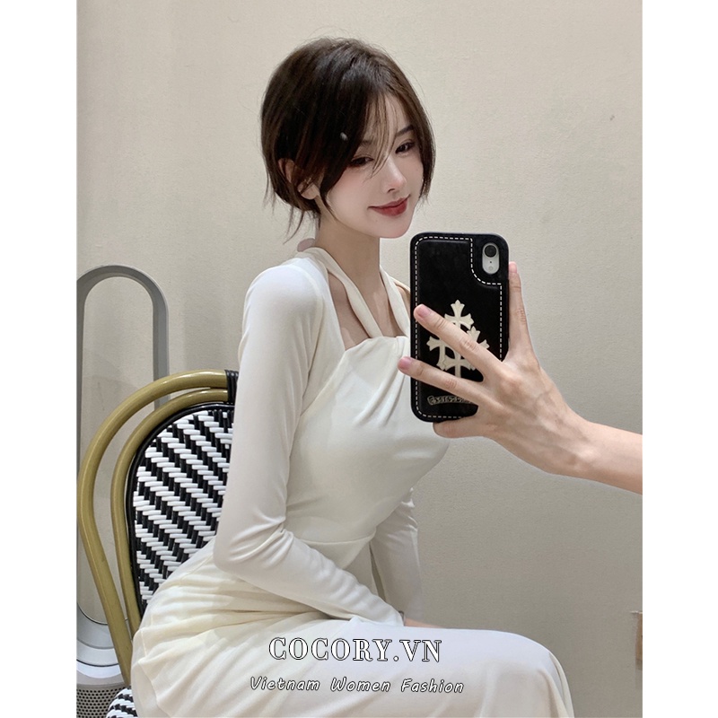 Cocory vn Đầm maxi tay dài cổ vuông thiết kế dây đan chéo thời trang quyến rũ cho nữ