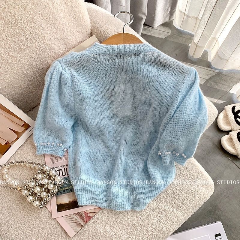 Áo Dệt Kim Tay Ngắn Chui Đầu Màu Tím Đính Ngọc Trai Xinh Xắn Cho Nữ  tao bao