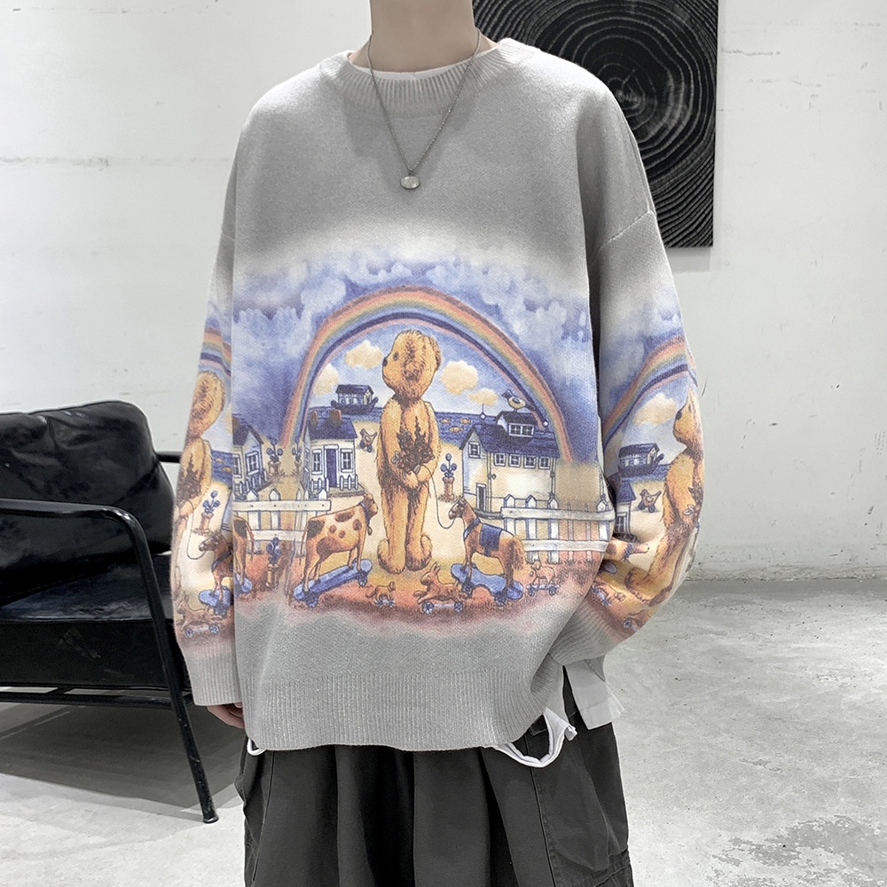 Áo sweater AOKANG dệt kim dày dáng rộng in hình gấu cầu vồng kiểu Hàn Quốc thời trang thu đông cho nam