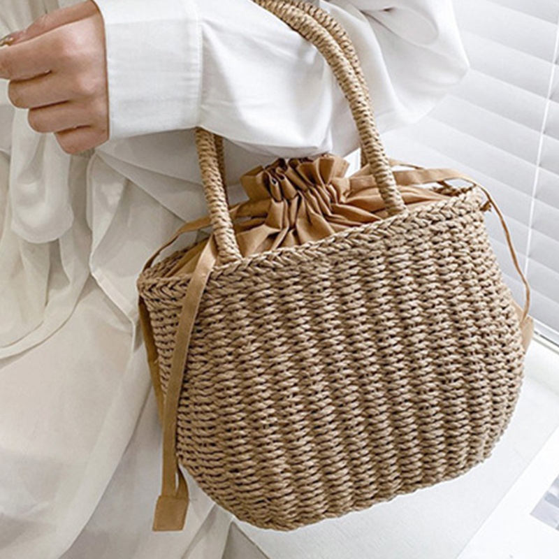 Túi Xách Đan Mây Màu Trơn Có Dây Rút Phong Cách Vintage Dành Cho Nữ