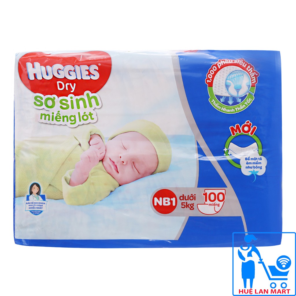 [CHÍNH HÃNG] Miếng Lót Sơ Sinh Huggies Dry NB1 - Bịch 100 Miếng (Cho Bé < 5 Kg)