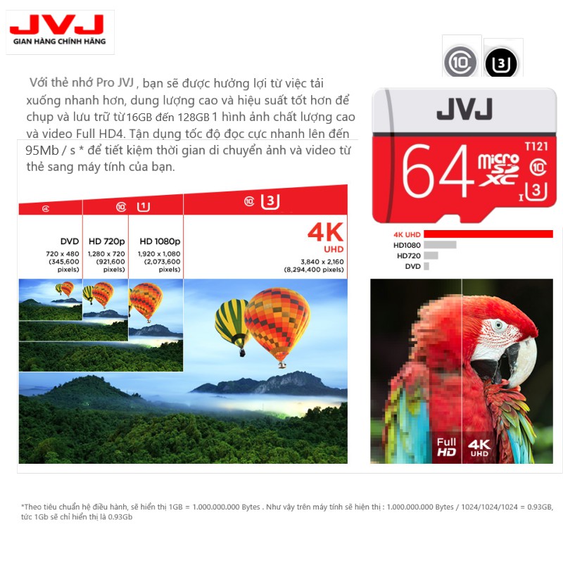 Thẻ nhớ 64Gb JVJ Pro U3 Class 10 - chuyên dụng cho CAMERA, Điện thoại, Máy ảnh,... tốc độ cao 95Mb-140Mb/s
