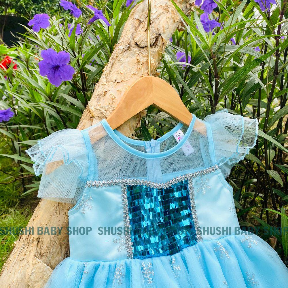 Váy elsa bé gái 2 lớp tay cánh tiên phối voan 2 màu hồng - xanh xinh xắn