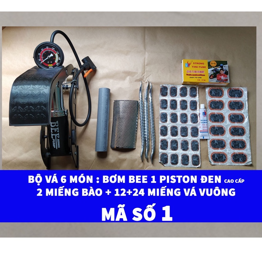 [Bơm Chân BEE Đen 1 Piston] Bộ Vá 6 Món Ruột Xe Máy Và Xe Đạp Bơm Đạp Chân 1 Piston Cao Cấp + 2 Miếng Bào Ruột