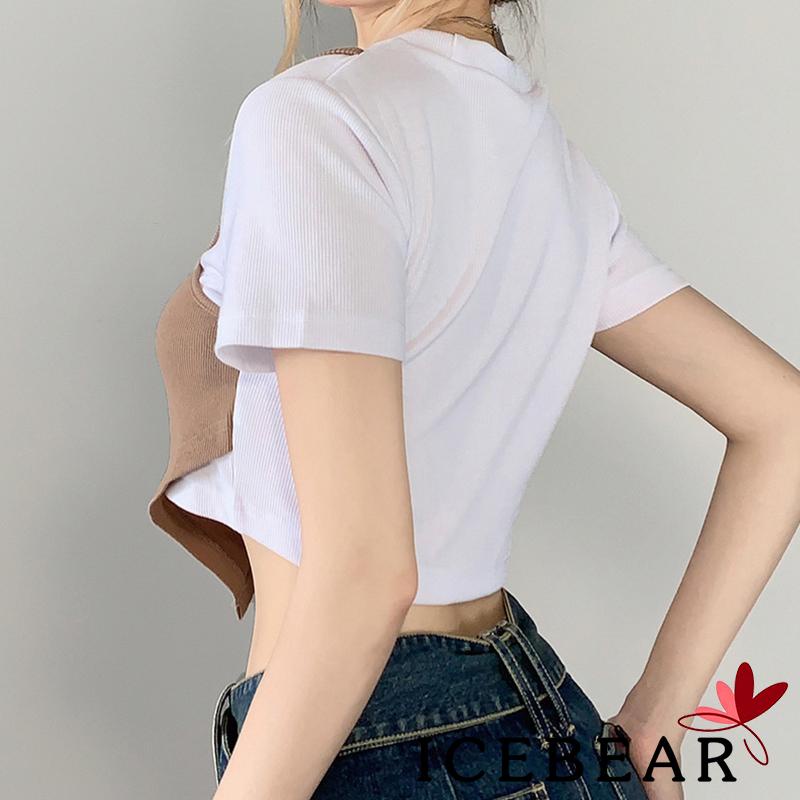 Áo Thun Crop Top Cổ Tròn Tay Ngắn In Chữ Màu Sắc Tương Phản Dành Cho Nữ