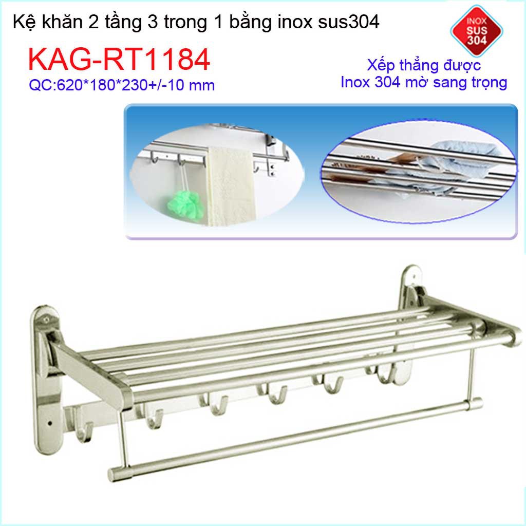 kệ máng khăn đa năng thẳng lật, kệ treo khăn inox SUS304 3in1 KAG-RT1184- treo khăn + phơi khăn + móc khăn