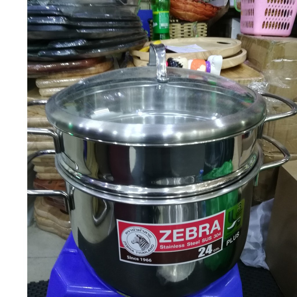 Bộ nồi xửng hấp Zebra inox 304-Thái Lan 24cm-6.2L-3 đáy-163640, nắp kính-tầng hấp cao 10cm
