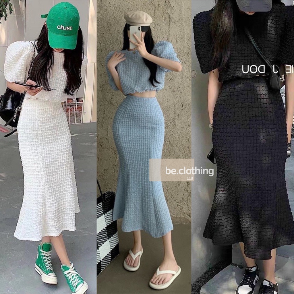 SET ÁO CROP TAY PHỒNG + CHÂN VÁY MIDI ĐUÔI CÁ 3 MÀU