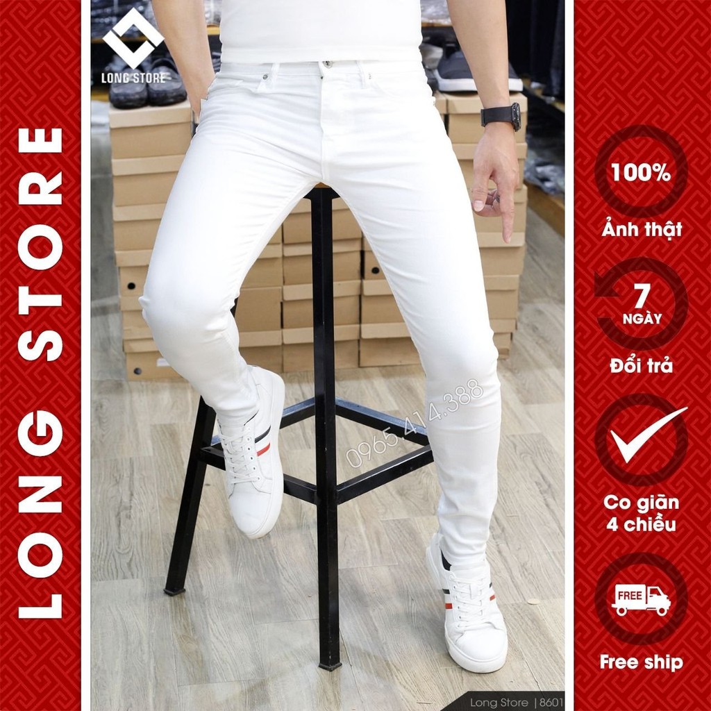 Quần jean nam trắng trơn chất bò co giãn cao cấp ống đứng dáng ôm skinny đẹp chuẩn Hàn Quốc có big size 8601