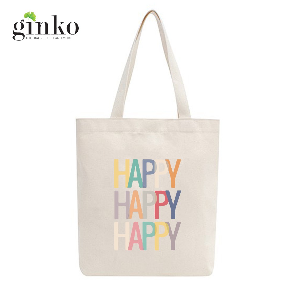 Túi tote vải mộc GINKO dây kéo in hình HAPPY HAPPY Retro Style M25