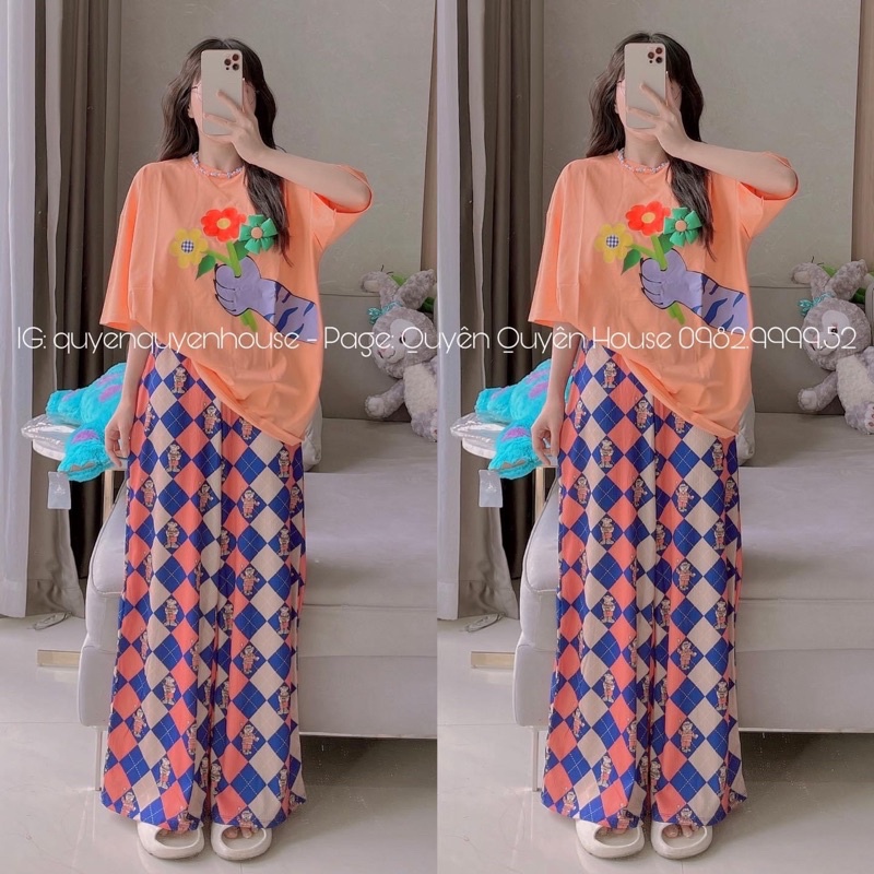 Set áo cotton cam đào hoa xanh ghim riêng quần suông họa tiết ô vuông gấu