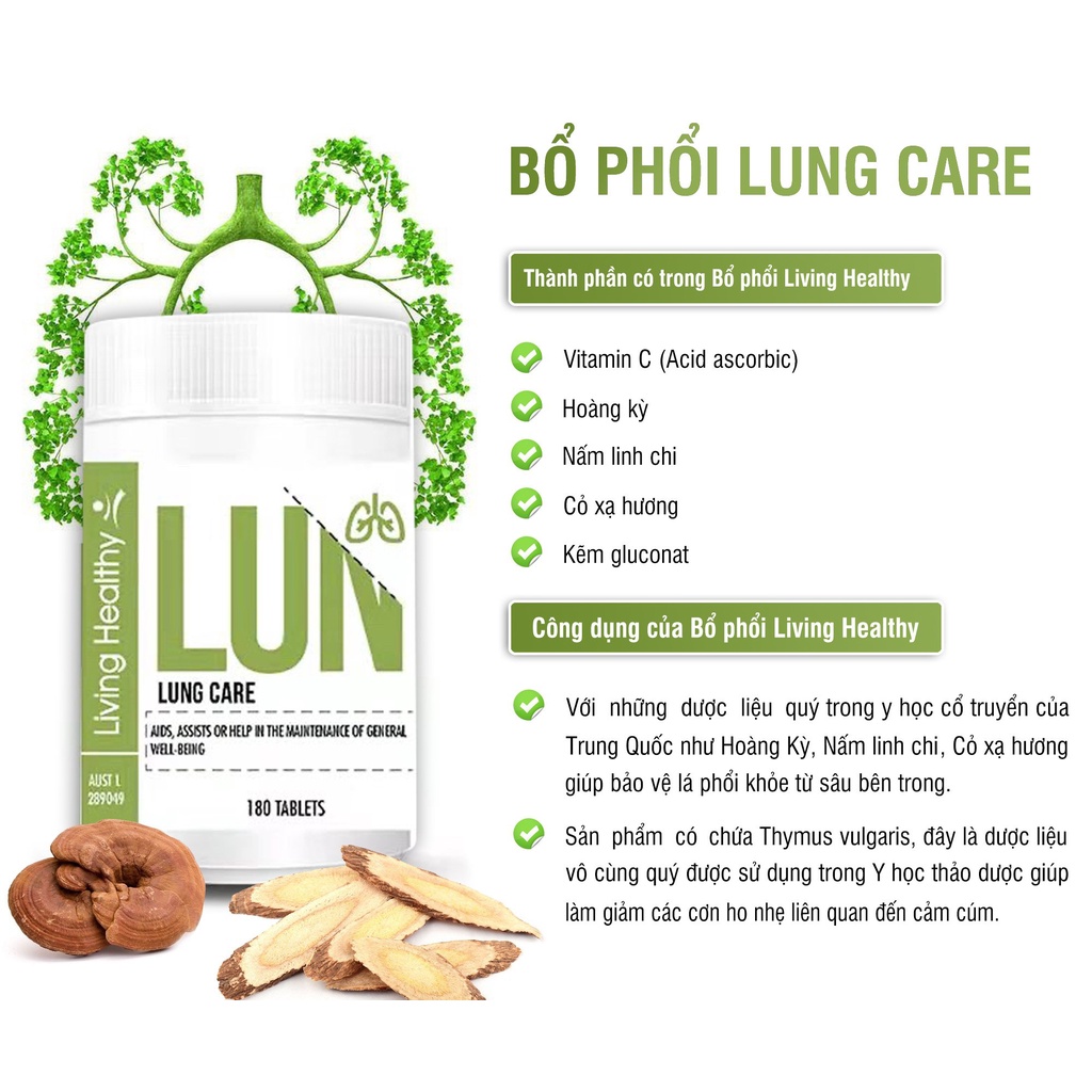 Viên uống Thải Độc Bổ Phổi Lung Care Living Healthy- Nấm Linh Chi 180 viên - Chuẩn Úc DATE 2025